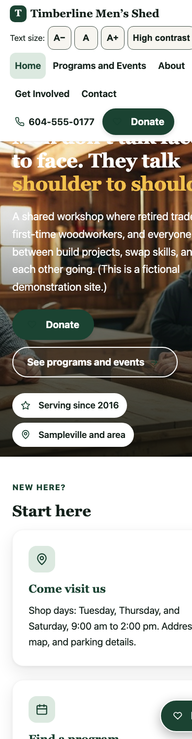 Mobile view of the Hearth template in the Forest Trust palette